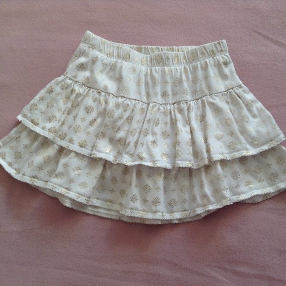 Gymboree Girls Skort, Double Ruffle, White with Gold Foil Pattern, Sz. 7 - Picture 1 of 9
